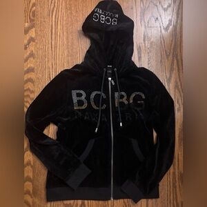 BCBGMaxAzria Y2K Black Velour Full Zip Hoodie Jacket with Rhinestones Size L/P